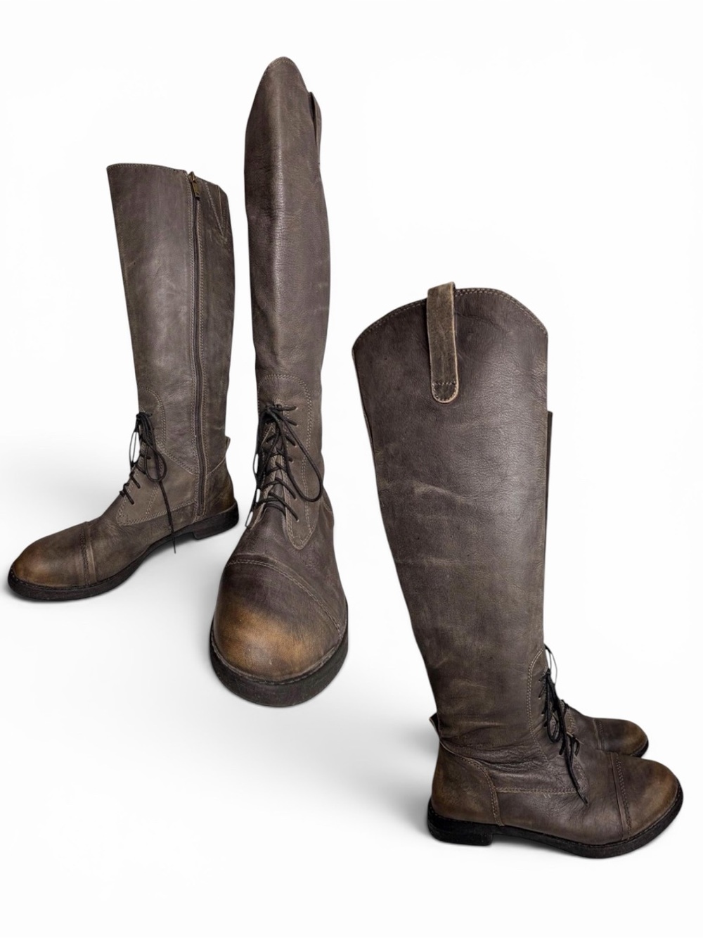 Lucky Brand RIA Tall Leather Riding Boots Gray Brown Lace Up 7.5